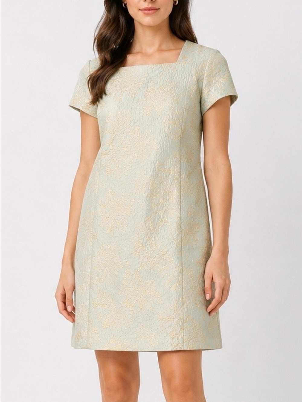 PAULE KA Metallic Jacquard Shift Dress Green Gold Size 40 8 US NWT